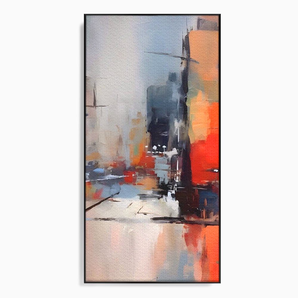 Tablou canvas cu pictura abstracta cu oras si cladiri, in rama de aluminiu negru